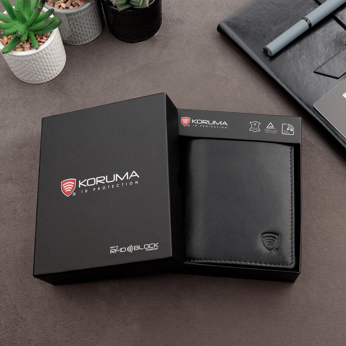 Black Leather RFID Wallet for 8-12 Cards with Coin Pocket and Hidden Note Section