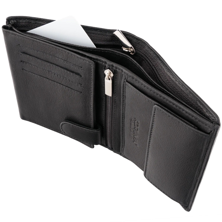Black Leather RFID Wallet for 8-12 Cards with Coin Pocket and Hidden Note Section