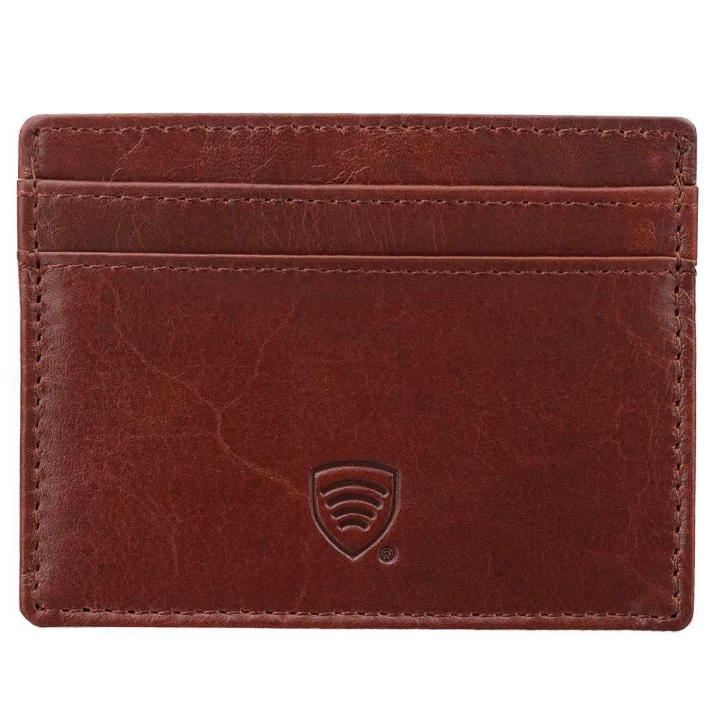 Cognac Brown Leather RFID Card Holder - 4 Card Slots - Note