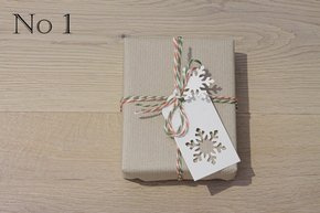 Natural Kraft Paper, Red and Green Twine and White Gift Tag with Snowflake